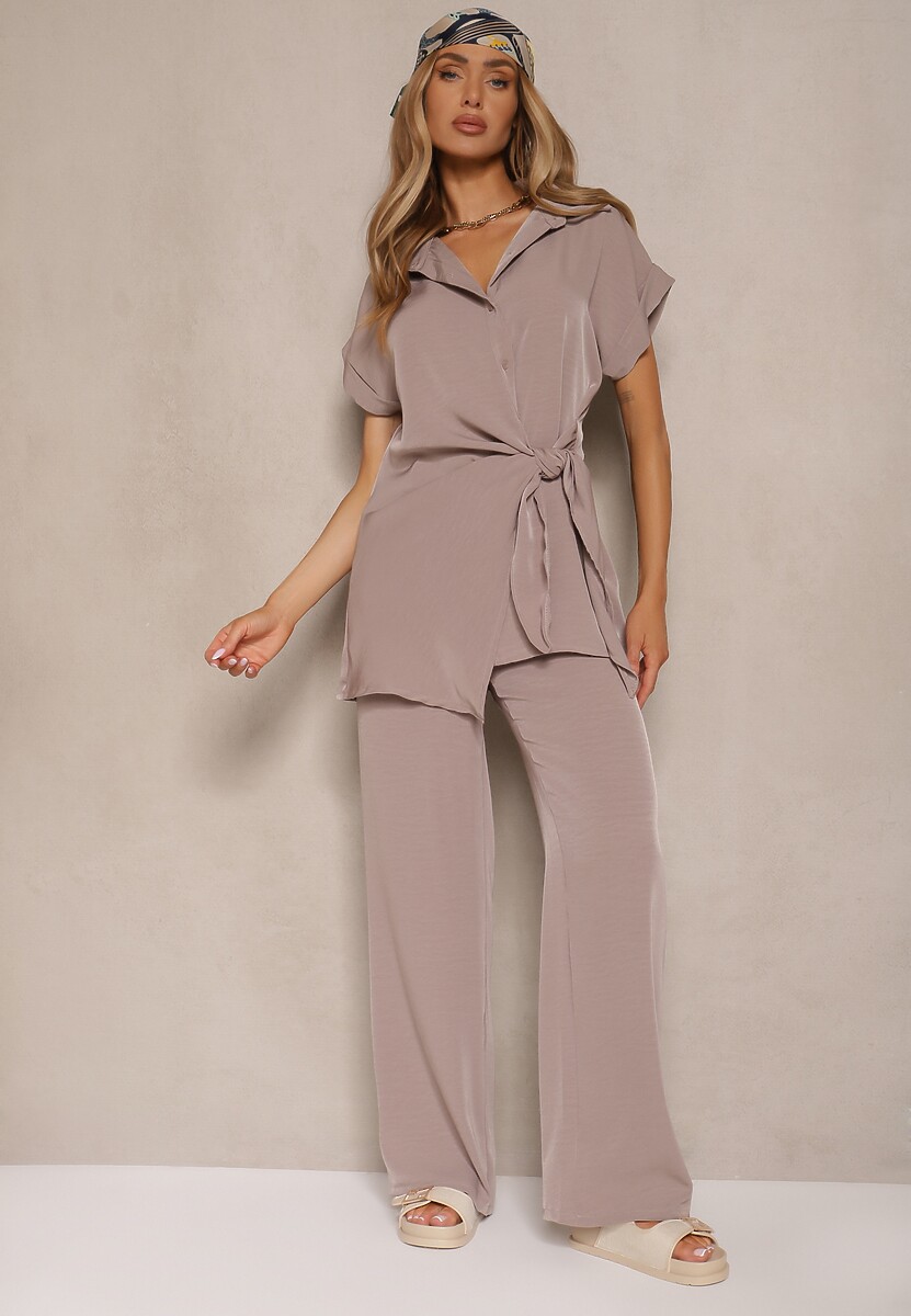 Ciemnobeżowy Komplet ze Spodniami o Szerokim Kroju i Koszulą z Ozdobnym Wiązaniem Filaniella