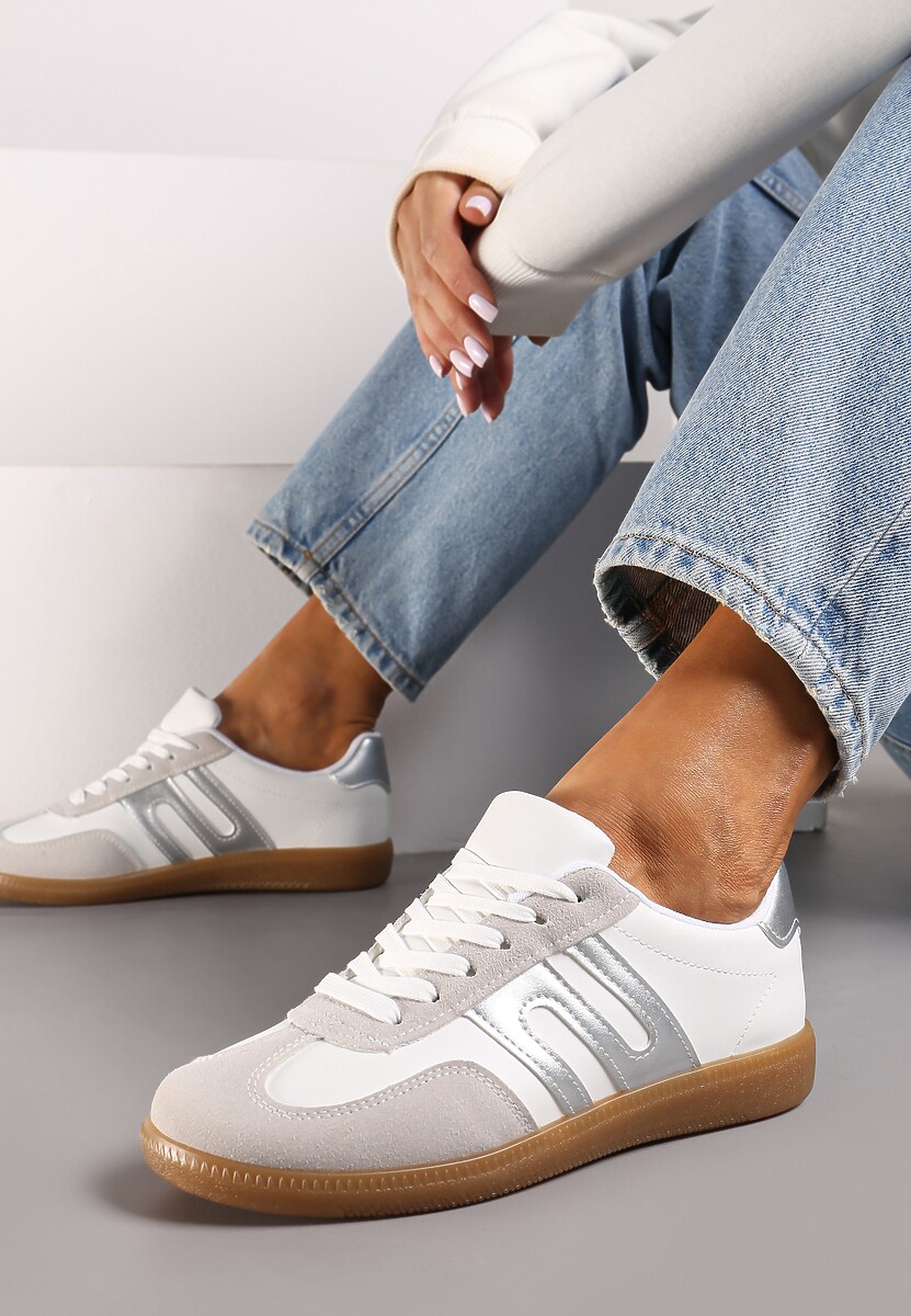 Biało-Srebrne Sneakersy w Stylu Tenisówek na Kauczukowej Podeszwie Movinia