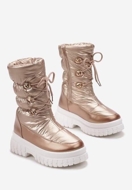 Szampańskie Sznurowane Śniegowce z Ozdobnym Pikowaniem i Połyskiem Birala