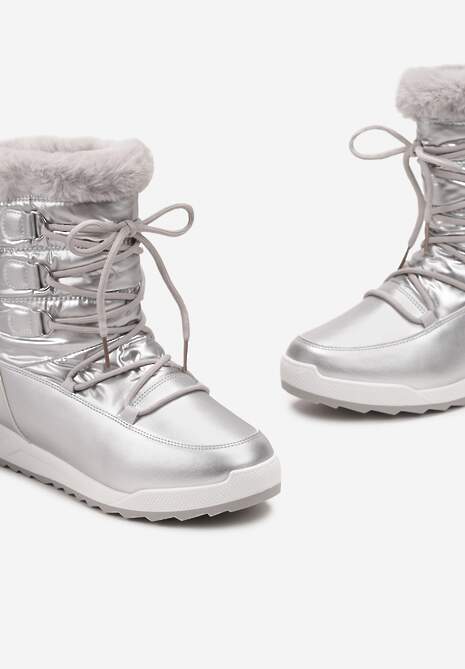 Srebrne Sznurowane Śniegowce z Ozdobnym Futerkiem Betmiga