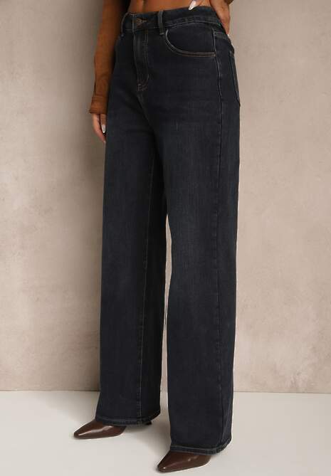 Granatowe Jeansy High Waist Wide Leg z Domieszką Wiskozy Zenisia