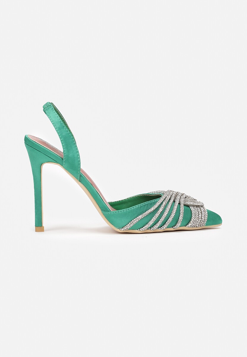 Zielone Sandały Satynowe na Szpilce z Cyrkoniami Capho