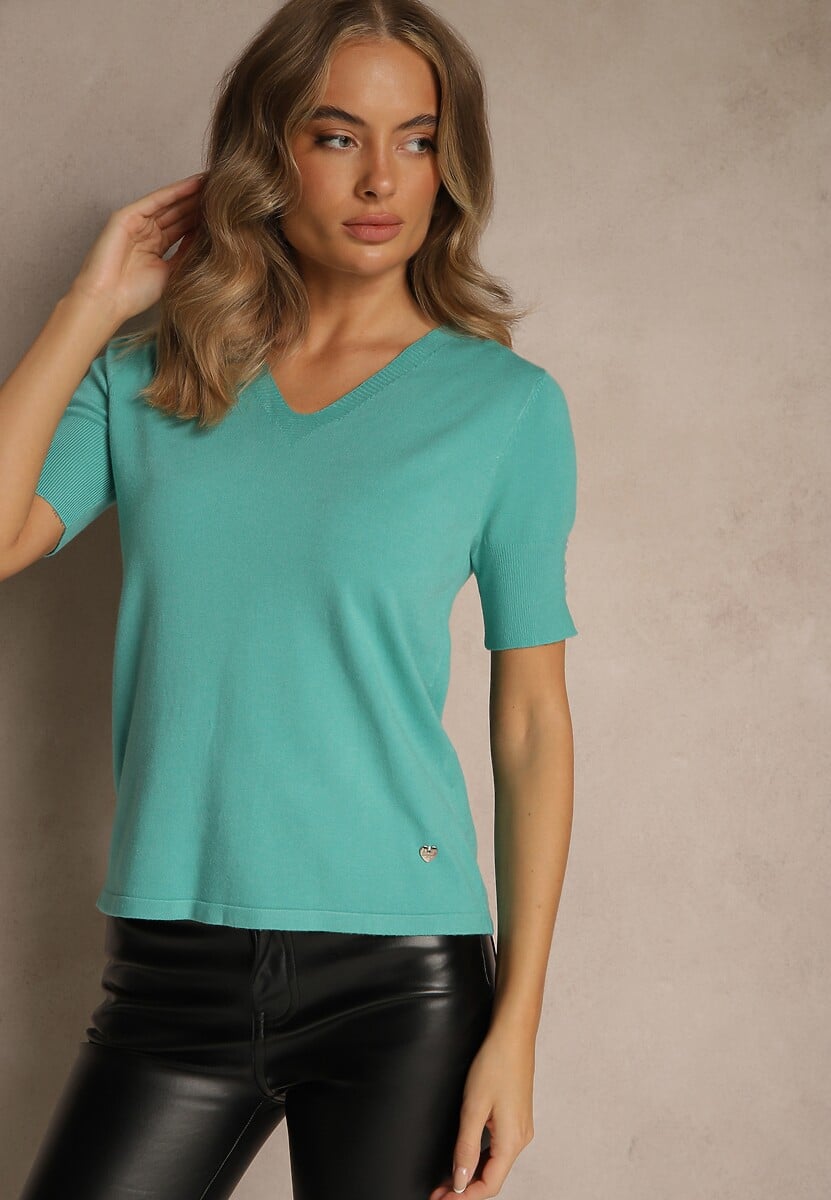 Zielona Bluzka z Dzianiny z Dekoltem w Kształcie Litery V Fenelesa