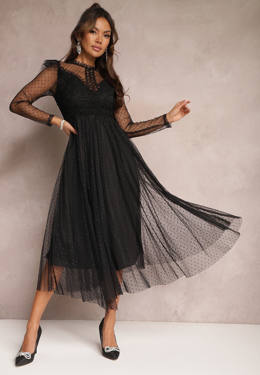 Czarna Sukienka z Koronką i Tiulem Welvia