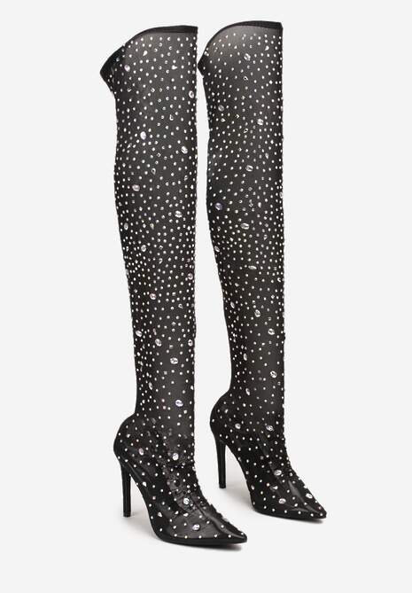 Czarne Kozaki na Szpilce za Kolano z Przezroczystą Cholewką Ozdobione Cyrkoniami Felilorn