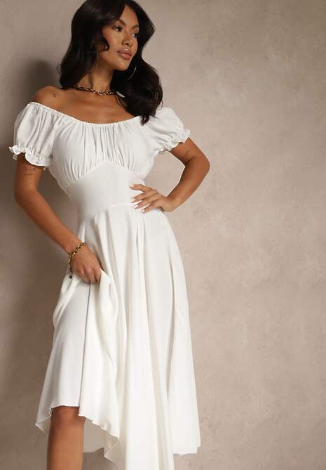 Biała Sukienka Hiszpanka z Bawełną Ozdobiona Bufkami Lunoria