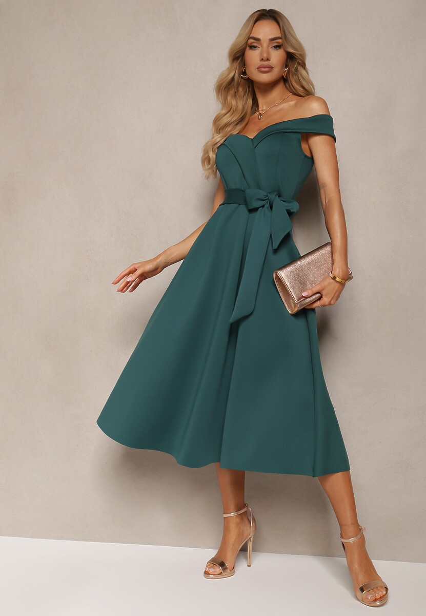 Ciemnofioletowa Sukienka Wieczorowa Hiszpanka z Materiałowym Paskiem Yellia