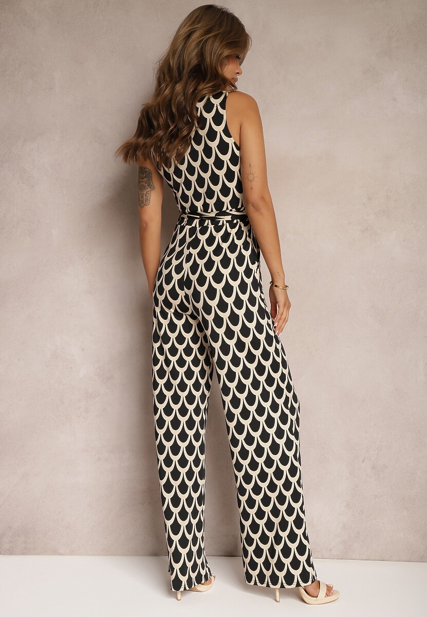 Czarno-Beżowy Kombinezon o Taliowanym Kroju z Trójkątnym Dekoltem i Paskiem w Talii Geranea