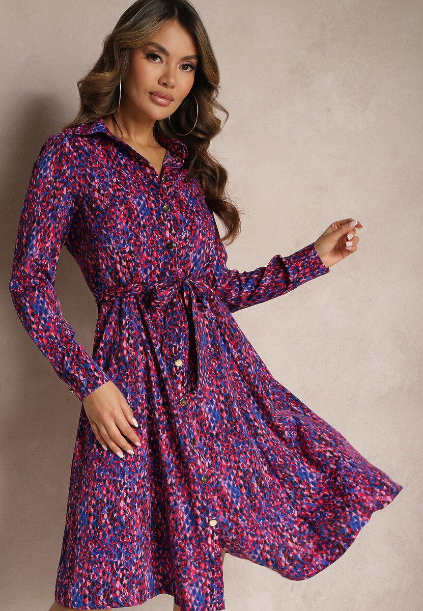 Granatowo-Fuksjowa Sukienka Koszulowa Wiązana w Pasie Shelah