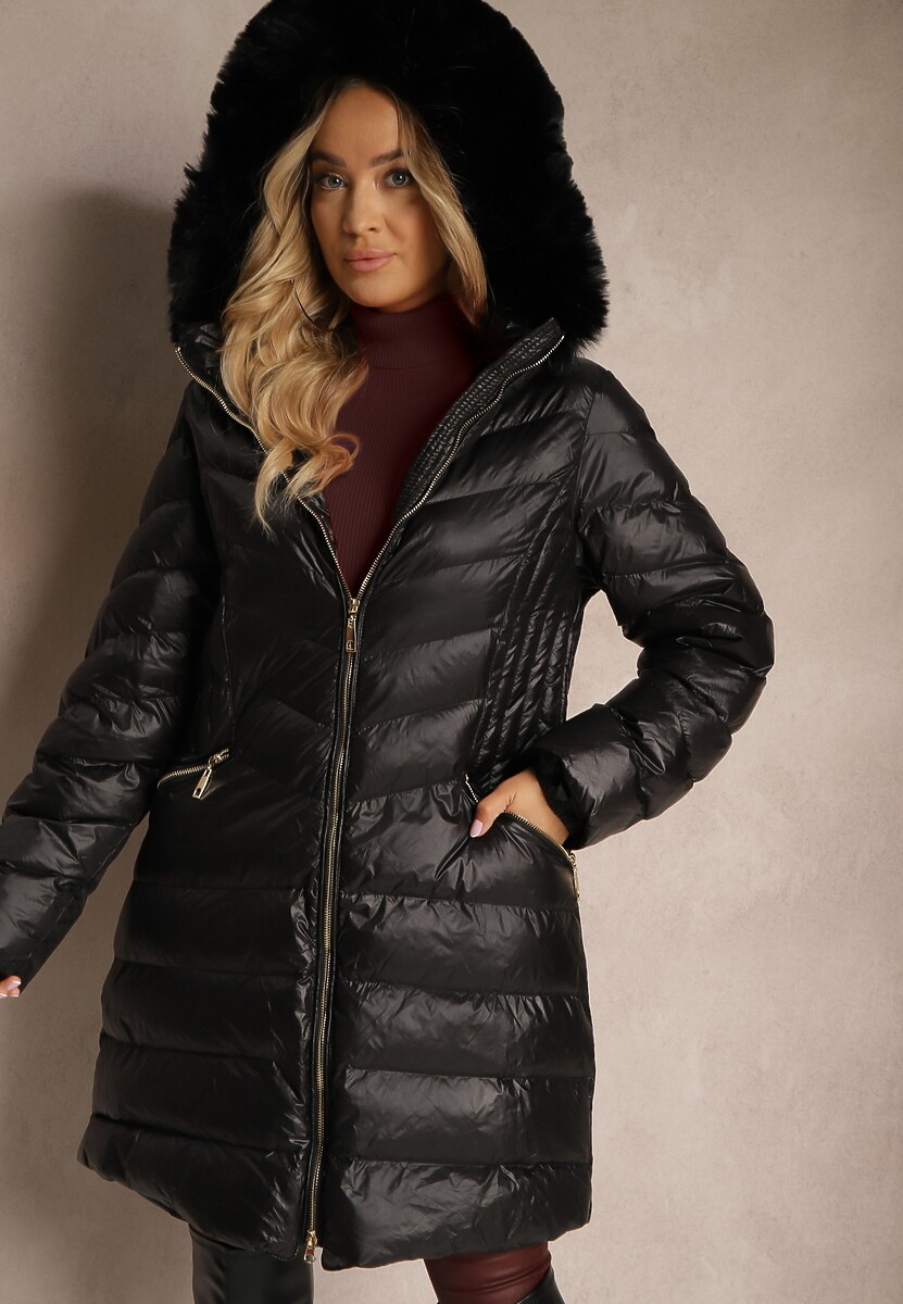 Jasnobeżowa Pikowana Kurtka o Długim Kroju z Odpinanym Futerkiem i Kapturem Rinotha