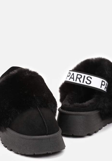 Czarne Kapcie na Platformie Ozdobione Futerkiem i z Gumką Przy Pięcie Titanra
