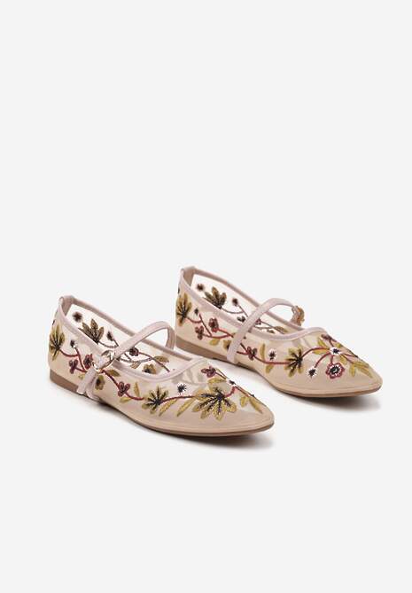 Różowe Siateczkowe Balerinki z Florystycznym Haftem i Paskiem na Sprzączkę Danirna