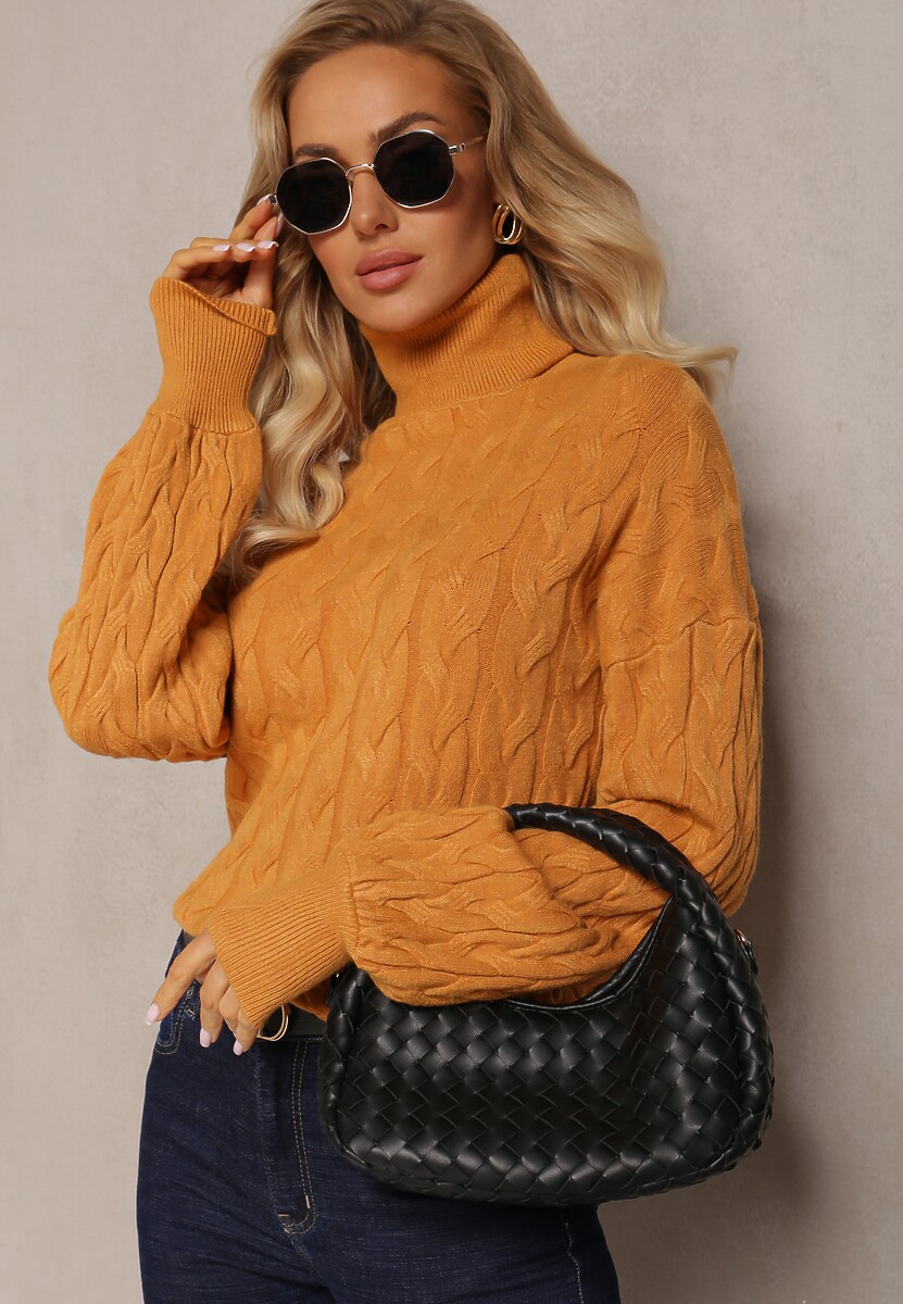 Brązowy Sweterkowy Golf o Warkoczykowym Splocie Taitusi