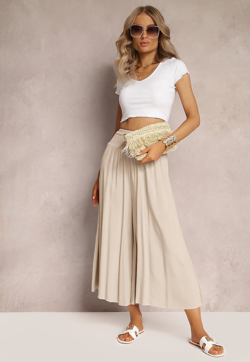 Jasnobeżowe Szerokie Spodnie High Waist o Długości 7/8 Rathi