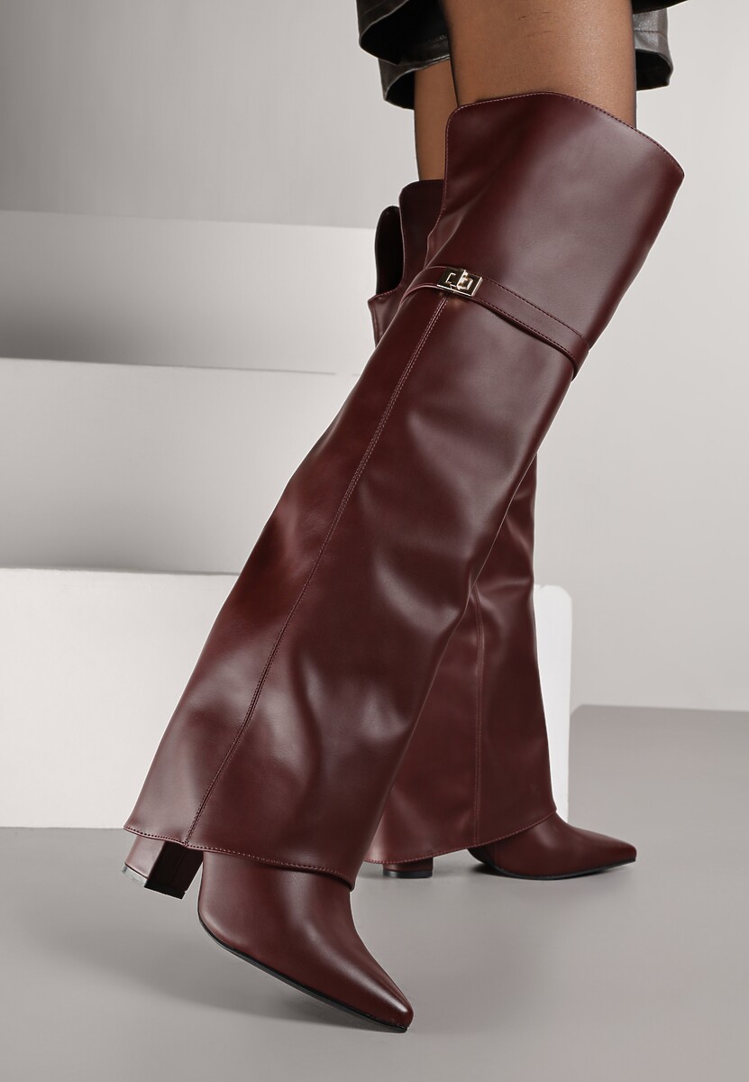 Bordowe Eleganckie Kozaki za Kolano z Cholewką Imitującą Nogawkę Zenesseria