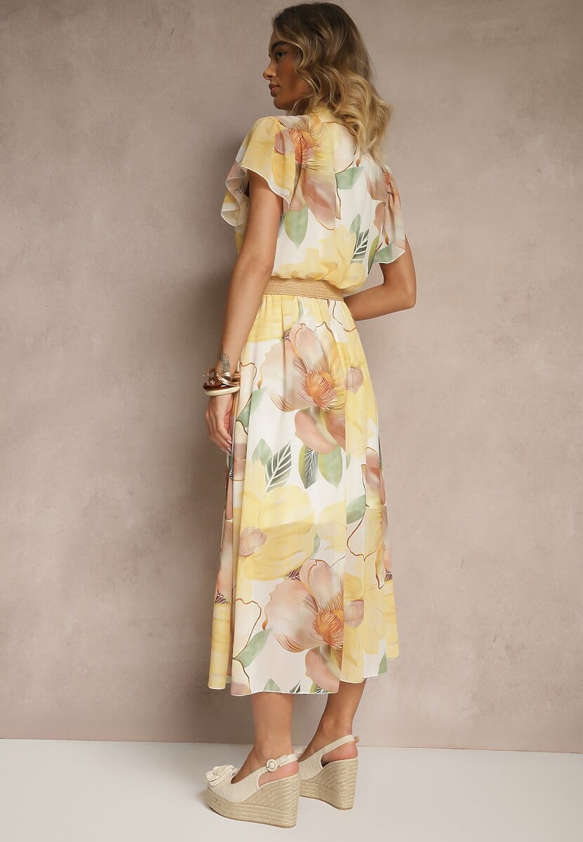 Żółta Rozkloszowana Sukienka Zdobiona Wiązaniem i Paskiem z Klamrą Sorisse