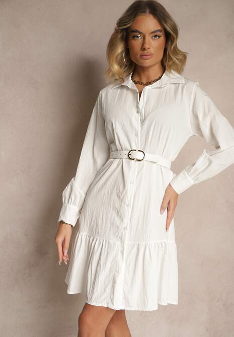 Biała Koszulowa Sukienka z Wiskozą Zakończona Falbanką Tirzedi