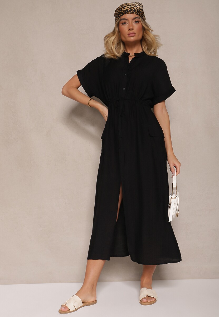 Czarna Sukienka z Wiskozą o Koszulowym Kroju z Wiązaniem w Pasie Pollivia