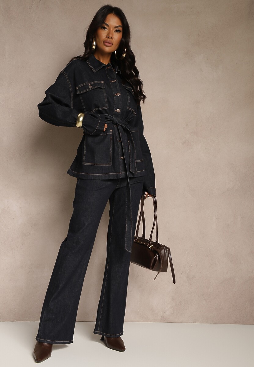 Granatowa Jeansowa Kurtka o Koszulowym Kroju z Wiązanym Paskiem Zennava