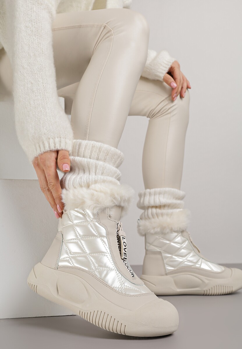 Beżowe Śniegowce Vices na Platformie z Pikowaną Cholewką i Futerkiem Gemitana