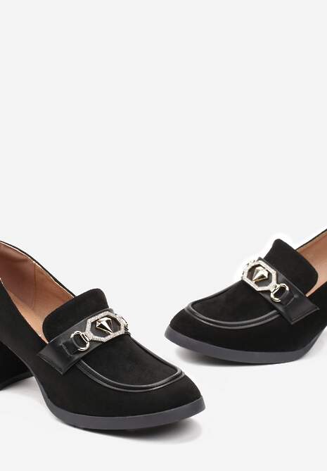 Czarne Półbuty Mokasyny na Słupku z Cyrkoniami i Ozdobą z Diamentem Elegia