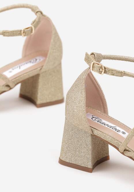 Złote Brokatowe Sandały na Słupkowym Obcasie Dollinea