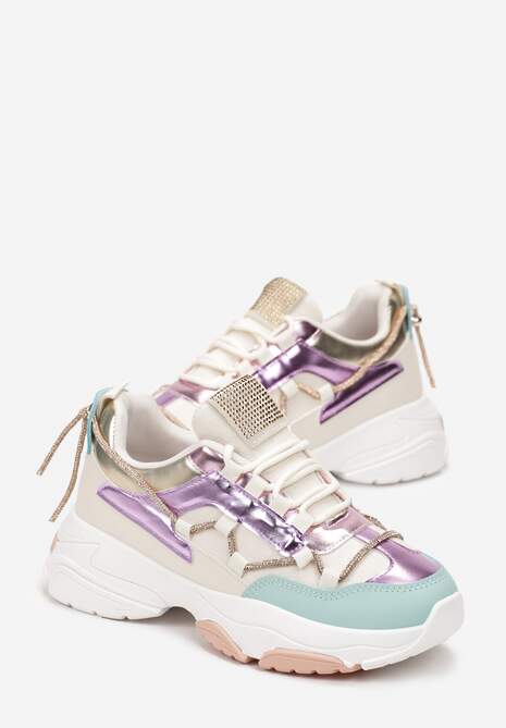 Beżowo-Fioletowe Sneakersy Ozdobione Sznureczkiem z Cyrkoniami Nathanias