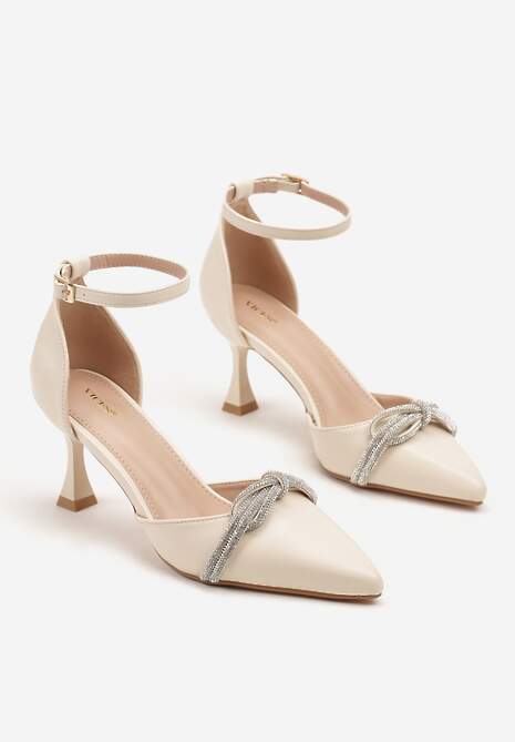 Beżowe Czółenka na Szpilce Vices z Cyrkoniową Kokardą Atennia