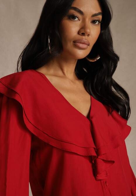 Czerwona Koszula Vices z Dekoltem z Falbanami i Bufiastymi Rękawami Zoiruna