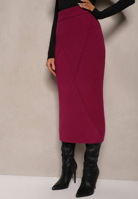 Ciemnoróżowa Spódnica z Wiskozą High Waist o Dopasowanym Kroju z  Gumką w Talii Niarosae