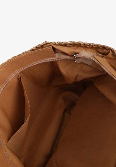 Ciemnobeżowa Jednokomorowa Torebka z Plecionej Rafii w Stylu Boho Idarkia