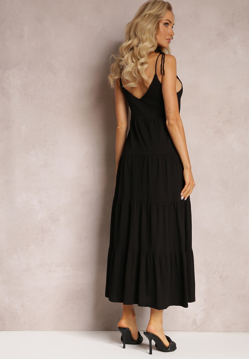 Czarna Bawełniana Sukienka Maxi z Wiązanymi Ramiączkami i Rozkloszowaną Falbaną Mariones