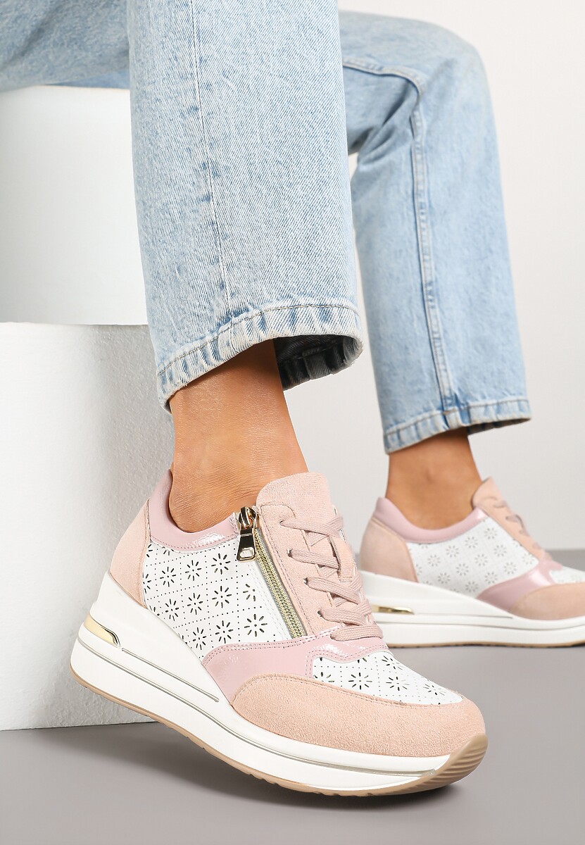 Beżowe Sneakersy z Ażurową Perforacją Suwakiem i Ukrytym Koturnem Pelaria