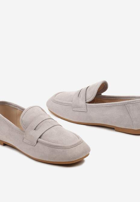 Szare Casualowe Wsuwane Mokasyny na Płaskiej Podeszwie z Ozdobnym Elementem na Przodzie Janesstia