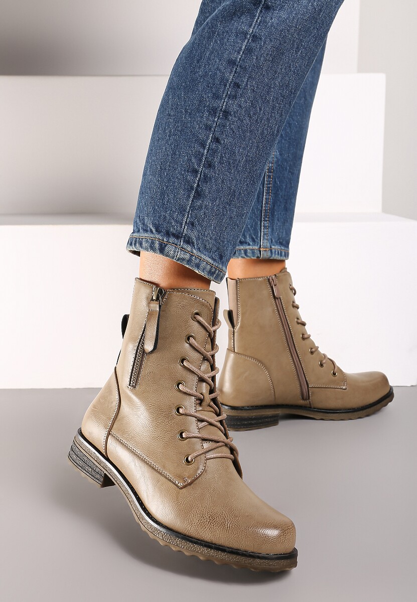 Ciemnobeżowe Sznurowane Botki Workery na Płaskiej Podeszwie Ozdobione Suwakiem Tarinda