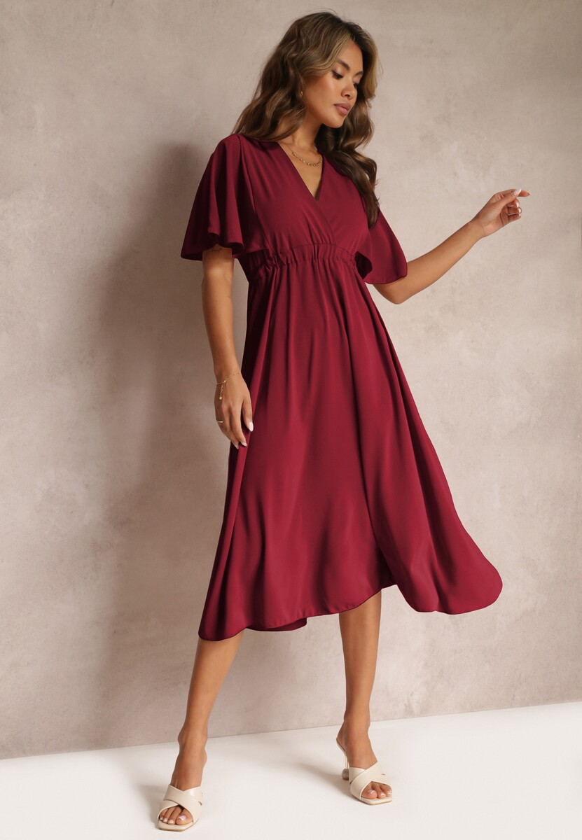 Beżowa Sukienka z Gumką w Talii Krótkim Rękawem i Kopertowym Dekoltem Kelila