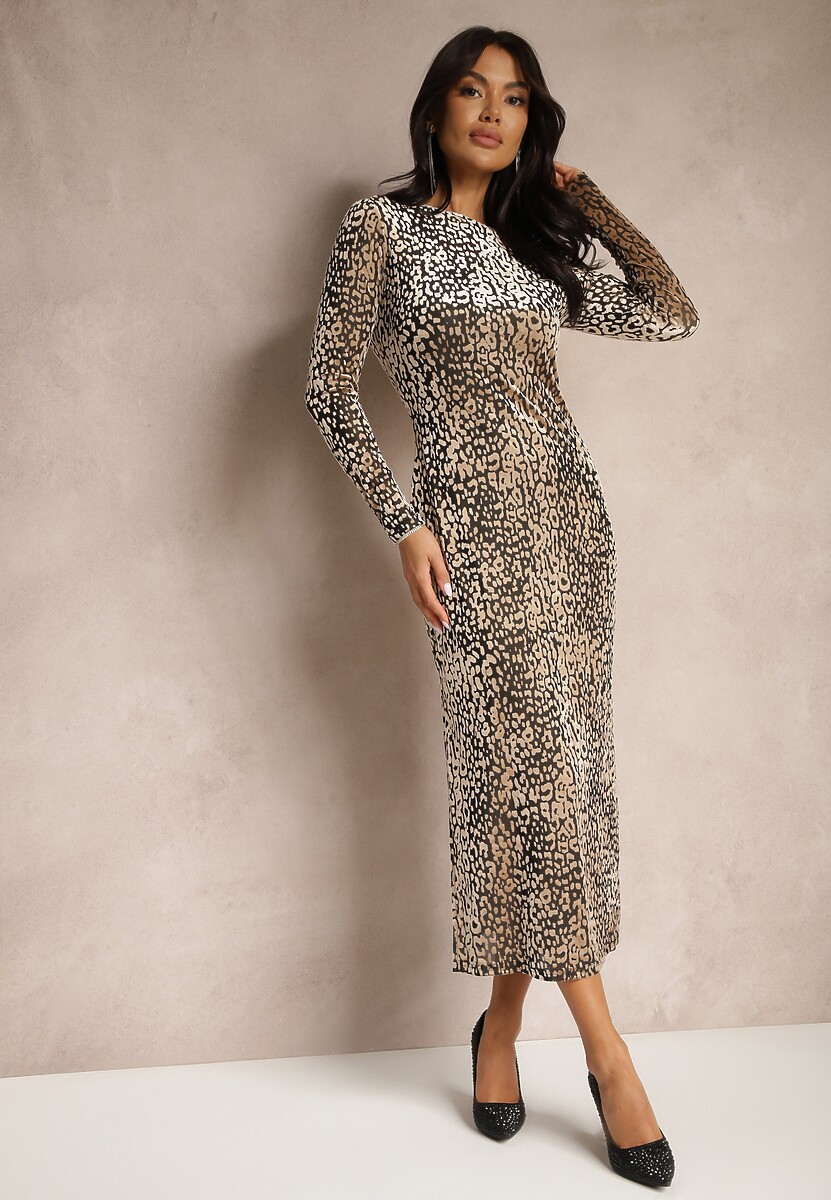 Beżowa Welurowa Sukienka z Wiskozą w Panterkę o Dopasowanym Kroju z Halką i Rozcięciami Velaki