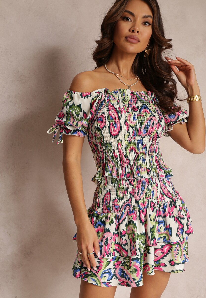 Zielono-Biały 2-częściowy Komplet z Bluzką i Spódnicą Janya