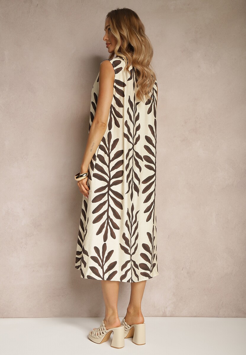 Beżowa Sukienka Pudełkowa z Dodatkiem Wiskozy w Letni Wzór Jolessa