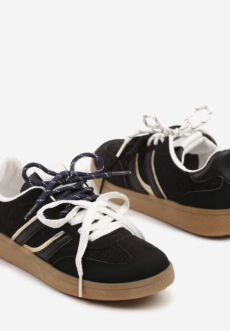 Czarne Sneakersy z Geometrycznymi Paskami i Podwójnym Wiązaniem Florlevi
