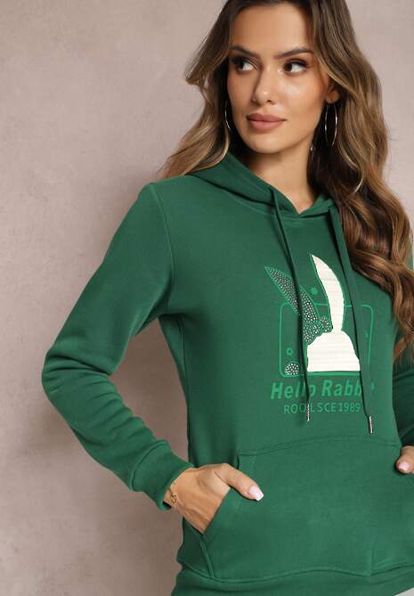 Zielona Bluza z Kapturem i Ozdobnym Nadrukiem Kliorre