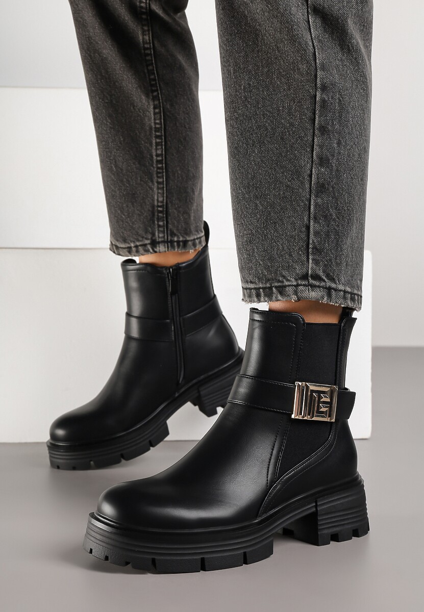 Czarne Botki Sztyblety Zdobione Metaliczną Aplikacją Cedorie