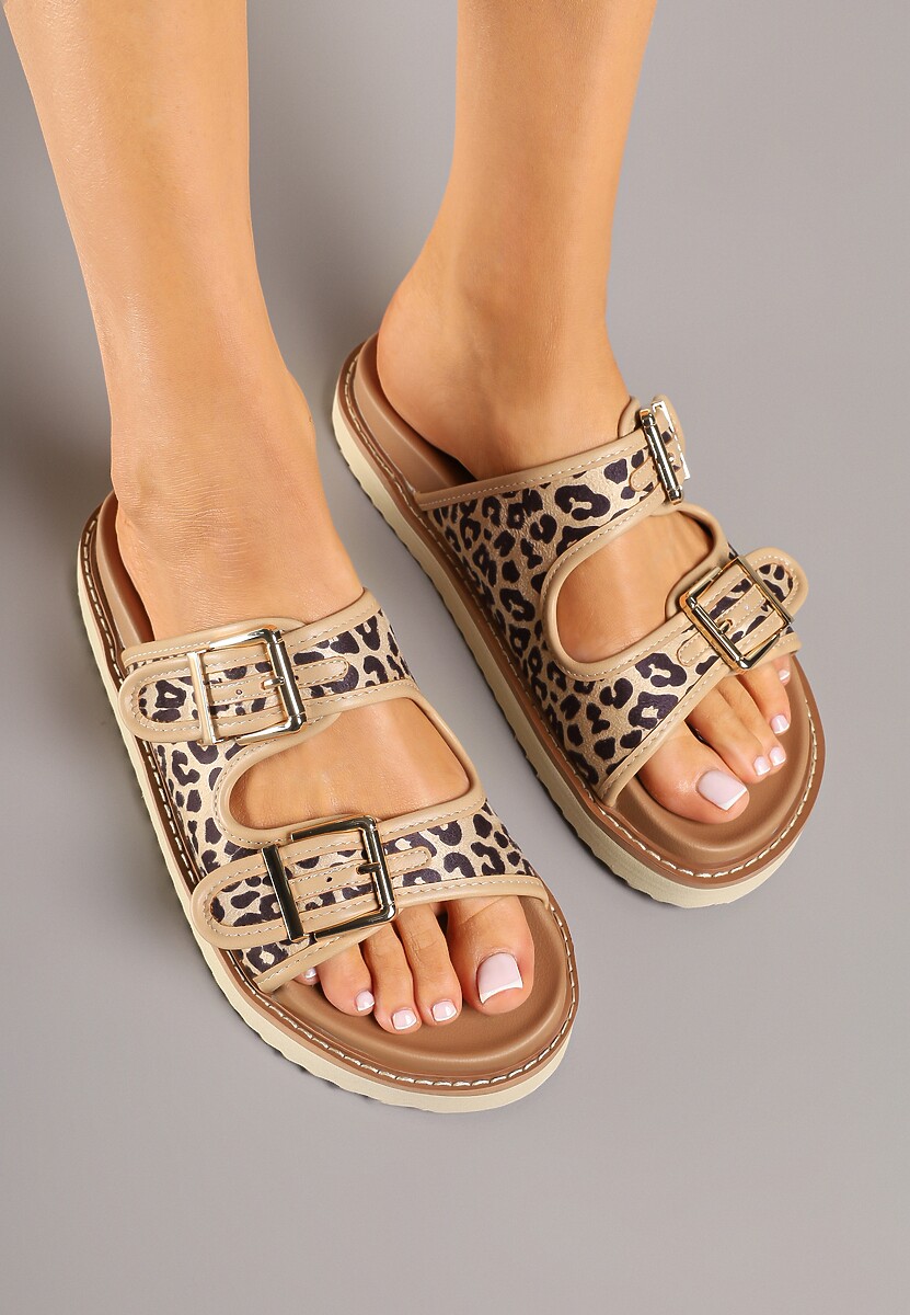 Beżowe Panterkowe Casualowe Klapki z Paskami ze Sprzączkami Palamara