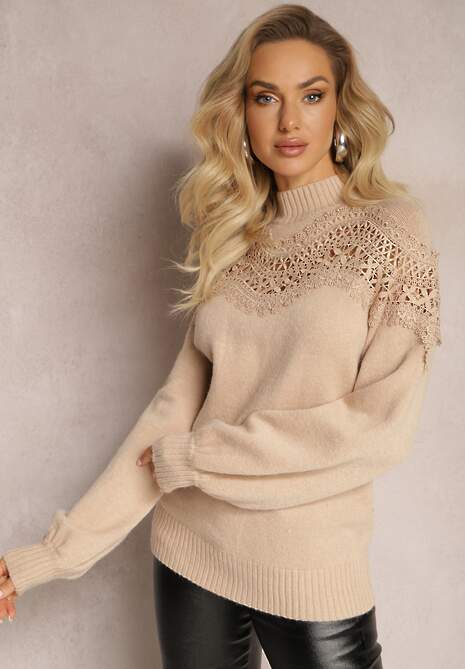 Beżowy Sweter Dzianinowy z Wstawką z Koronki Laroline