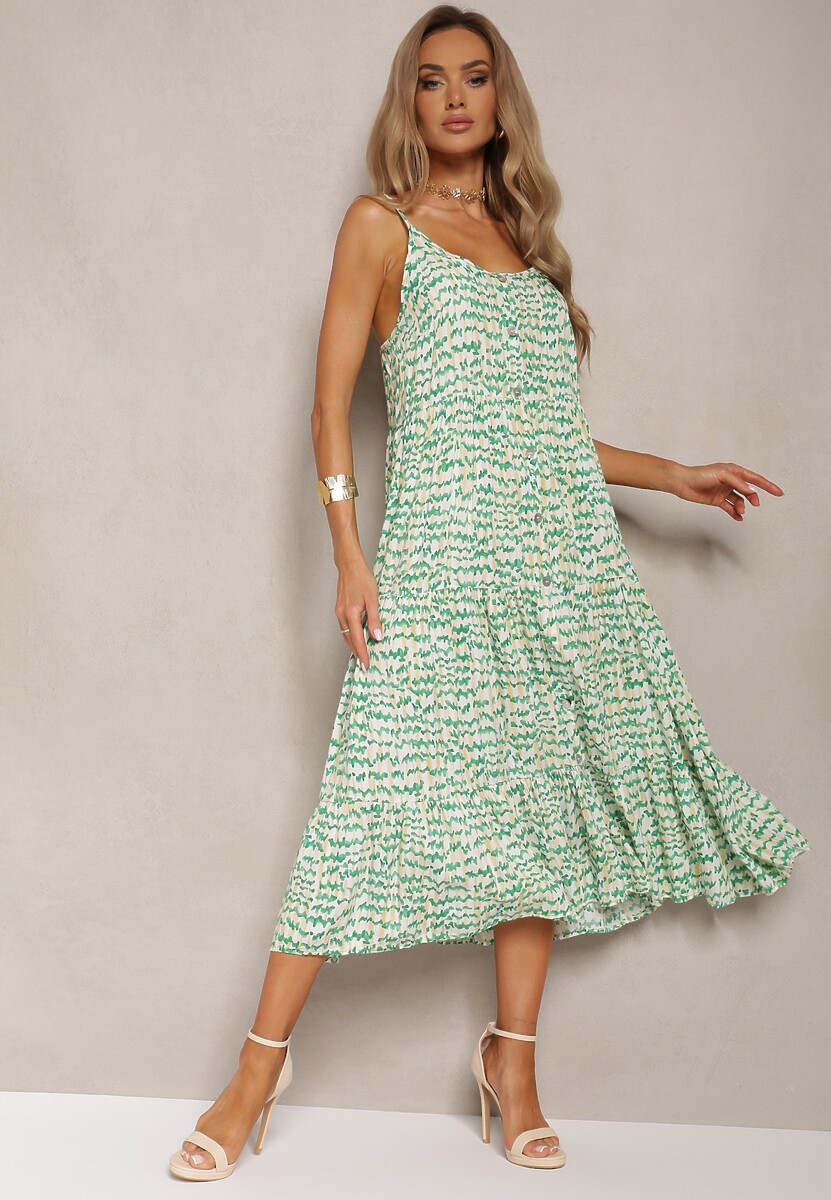 Pomarańczowa Sukienka z Wiskozy na Regulowanych Ramiączkach z Falbanką i Guzikami Vikisha