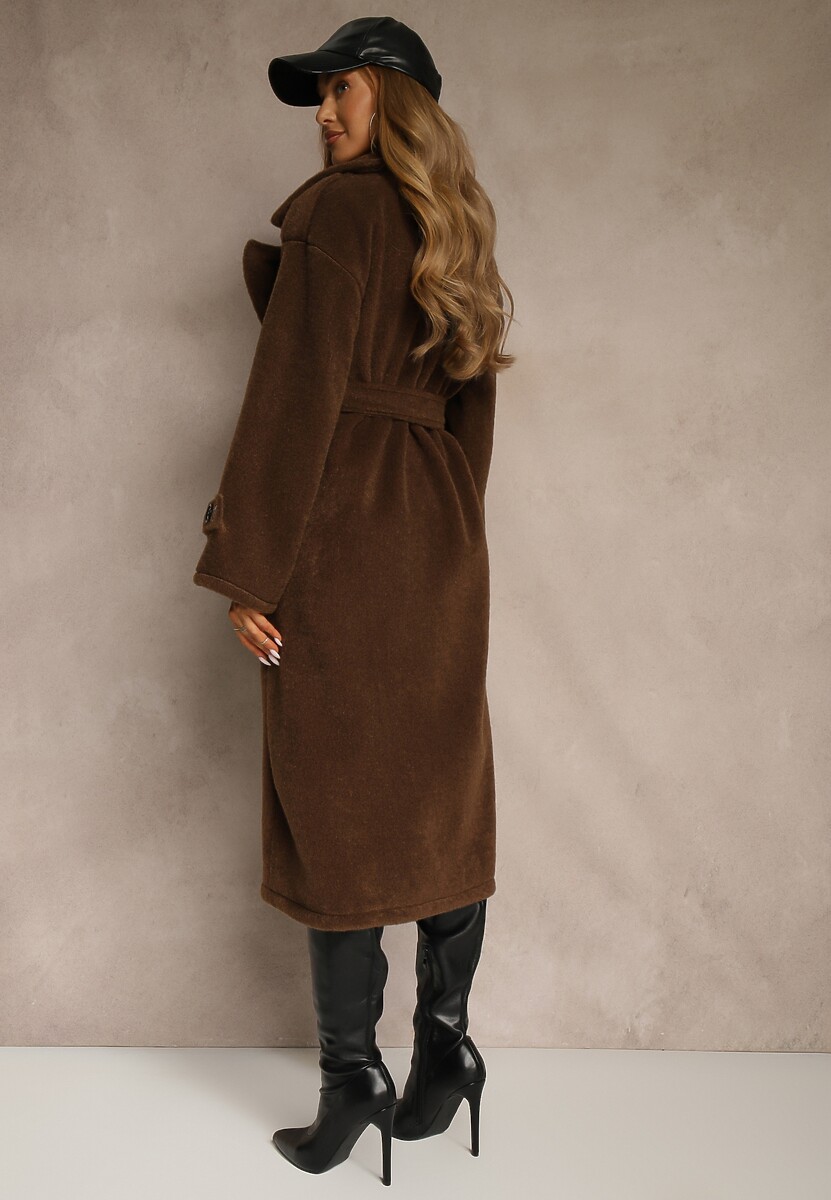 Brązowy Płaszcz w Eleganckim Stylu z Kieszeniami i Wiązanym Paskiem Zoledi