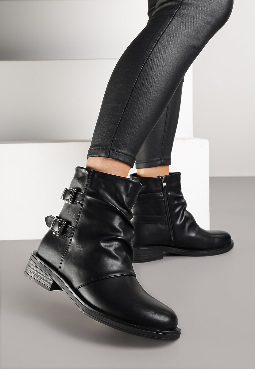 Czarne Botki Typu Biker Boots ze Sprzączkami Tulianelle
