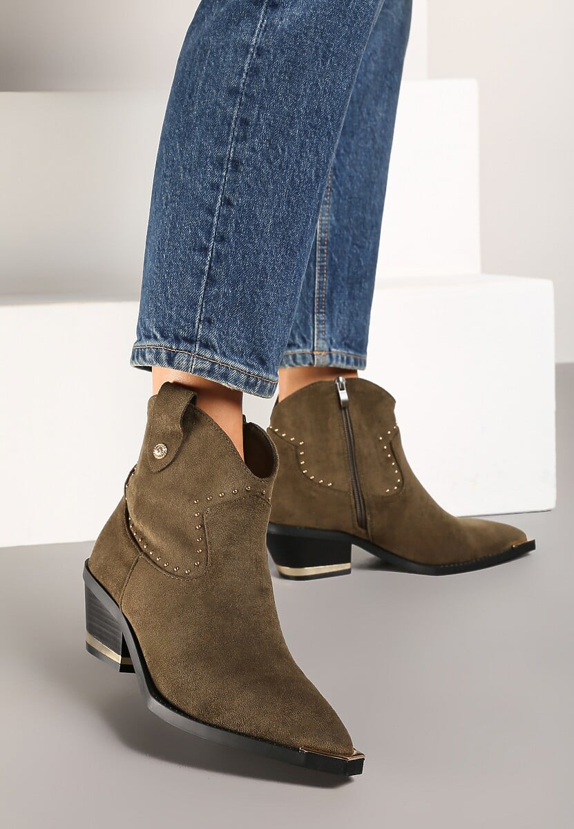 Ciemnozielone Botki Kowbojki z Ekozamszu z Niską Cholewką Zdobioną Nitami Riarosea