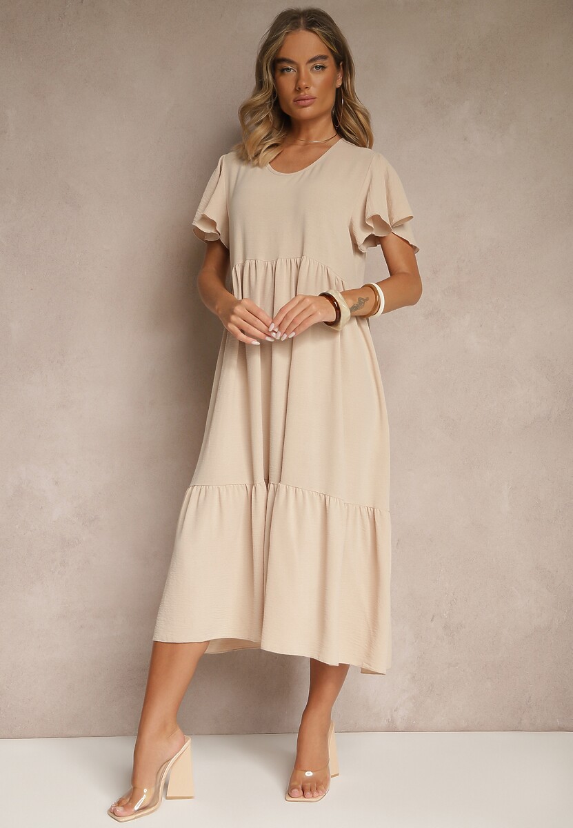 Jasnobeżowa Rozkloszowana Sukienka z Wiskozą w Casualowym Stylu Filarenna