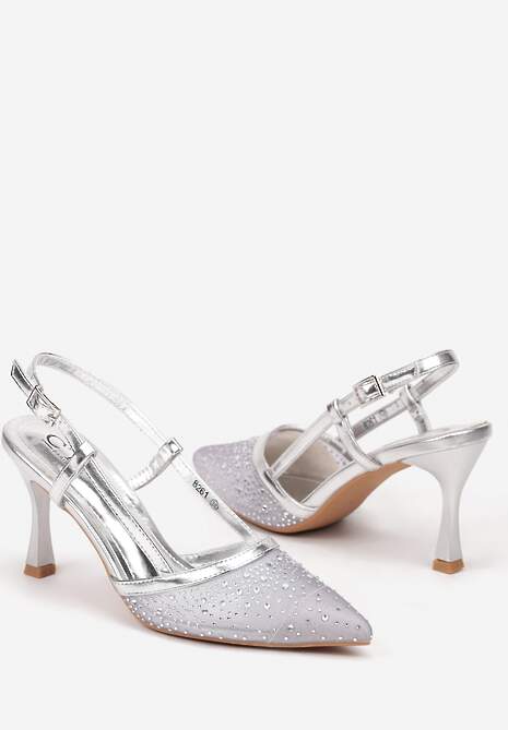 Srebrne Czółenka na Obcasie z Odkrytą Piętą Zdobione Cyrkoniami Jenamia